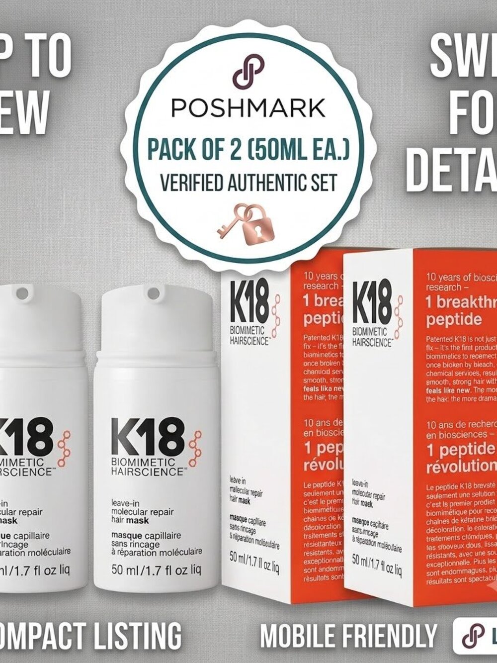 K18 Leave-In Molecular Repair Hair Mask 50ml/1.7oz (Pack of 2) New & Sealed